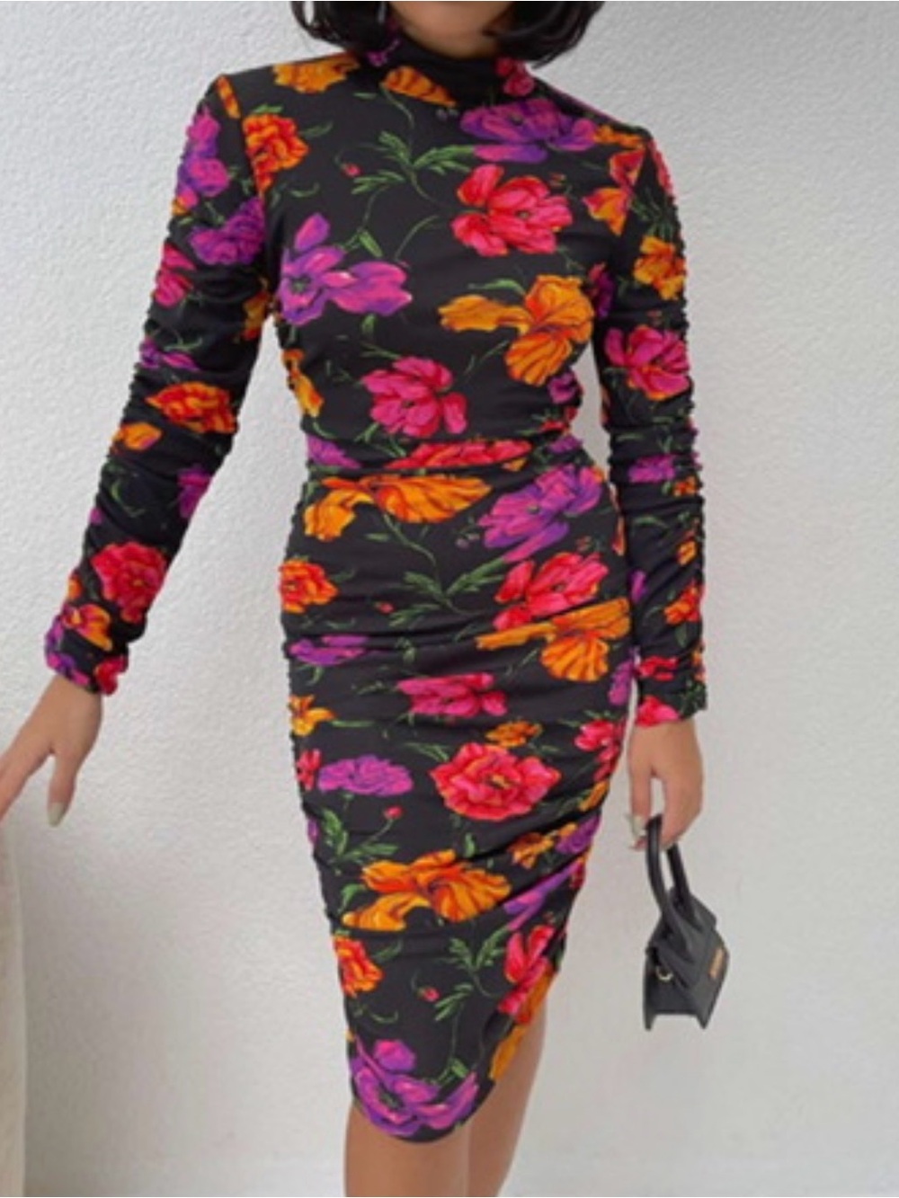 Zara Black Long-Sleeve Floral Ruched Midi Dress - Pink & Orange Blooms